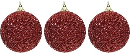 3x Kerstballen kerst rode glitters 8 cm met kralen kunststof kerstboom versiering/decoratie - Kerstbal Rood