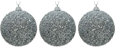 3x Kerstballen zilveren glitters 8 cm met kralen kunststof kerstboom versiering/decoratie - Kerstbal Zilverkleurig