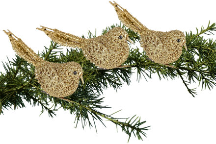 3x Kerstboomversiering glitter gouden vogeltjes op clip 12 cm - Kersthangers Goudkleurig