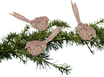 3x Kerstboomversiering glitter roze vogeltjes op clip 12 cm - Kersthangers