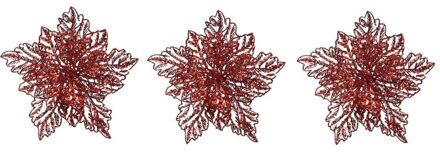 3x Kerstboomversiering op clip rode glitter bloem 23 cm - kerstboom decoratie - rode kerstversieringen