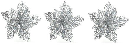 3x Kerstboomversiering op clip zilveren glitter bloem 23 cm