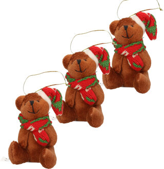 3x Kersthangers knuffelbeertjes bruin met gekleurde sjaal en muts 7 cm - Kersthangers