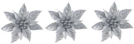 3x Kerstversieringen glitter kerstster zilver op clip 15 cm - Kersthangers Zilverkleurig