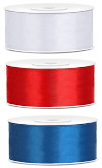 3x kleuren rollen Hobby / decoratie satijn sierlint - 2,5 cm x 25 meter - rood - wit - blauw