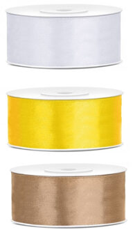 3x kleuren rollen hobby/decoratie satijn sierlint - 2,5 cm x 25 meter - wit, geel en goud