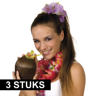 3x Kokosnoot drinkbekers hawaii met rietje 12 x 16 cm 400 ml - Tropisch/hawaii thema feest accessoires