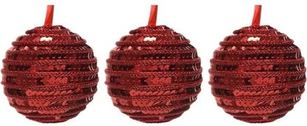 3x Kunststof kerstballen kerst rood 8 cm pailletten kerstboom versiering/decoratie - Kerstbal