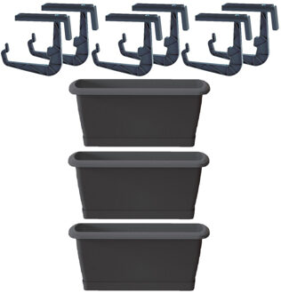 3x Kunststof Respana plantenbakken/bloembakken antraciet grijs 49 cm met ophangbeugels