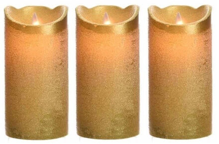 3x LED kaars/stompkaars goud 15 cm flakkerend - Kerst diner tafeldecoratie - Home deco kaarsen 3 stuks