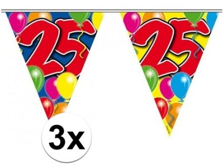 3x Leeftijd versiering vlaggenlijnen 25 jaar 10 meter - Vlaggenlijnen Multikleur