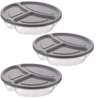 3x Lunchtrommels/bewaarbakjes rond 3-vaks licht grijs kunststof 1.1 liter