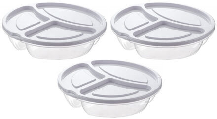 3x Lunchtrommels/bewaarbakjes rond 3- vaks wit kunststof 1.1 liter