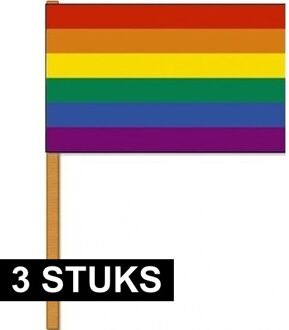 3x Luxe zwaaivlaggen/handvlaggen regenboog 30 x 45 cm met houten stok -  LGBT/LGBTQ feestartikelen