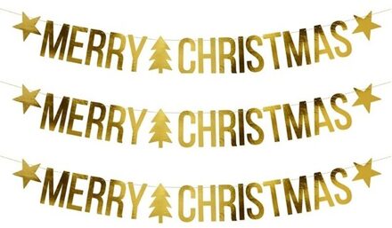 3x Merry Christmas kerst feest/party banners letterslingers versiering karton 175 cm - Feestslingers Goudkleurig