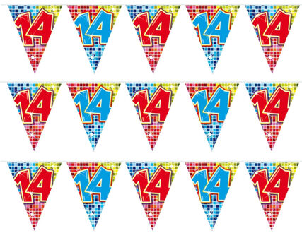 3x Mini vlaggenlijn / slinger verjaardag versiering 14 jaar - Vlaggenlijnen Multikleur