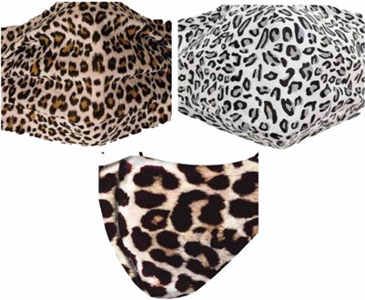 3x Mondkapjes met dierenprint van stof herbruikbaar