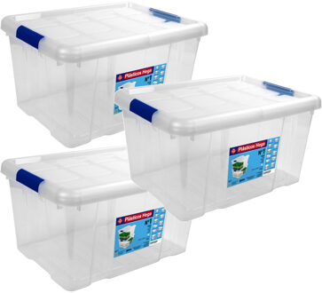 3x Opbergboxen/opbergdozen met deksel 16 liter kunststof transparant/blauw - Opbergbox