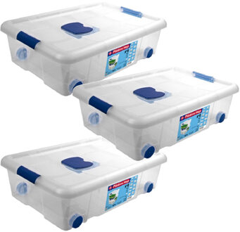 3x Opbergboxen/opbergdozen met deksel en wieltjes 31 liter kunststof transparant/blauw - 61 x 44 x 18 cm - Opbergbakken