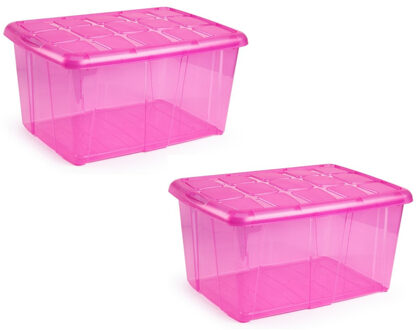 3x Opslagbakken/organizers met deksel 60 liter 63 x 46 x 32 transparant roze - Opbergbox