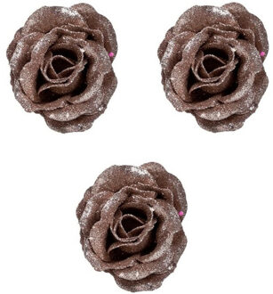 3x Oud roze roos met glitters bloemen op clip 7 cm - kerstversiering - Kersthangers