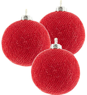 3x Rode Cotton Balls kerstballen decoratie 6,5 cm - Kerstbal Rood