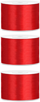 3x Rode satijnlint rollen 5 cm x 25 meter cadeaulint verpakkingsmateriaal - Cadeaulinten Rood