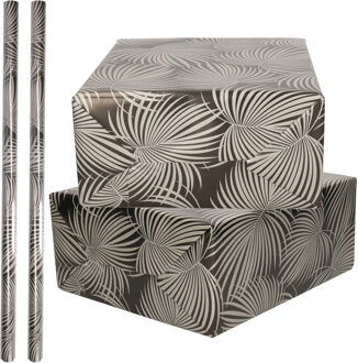 3x Rollen folie inpakpapier/cadeaupapier metallic zwart/zilver met bladeren 70 x 200 cm