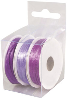 3x Rollen hobby/decoratie kleurenmix paars satijnen sierlint 3 mm x 6 meter