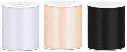 3x rollen hobby decoratie satijnlint zwart-wit-creme wit 10 cm x 25 meter - Cadeaulinten Multikleur