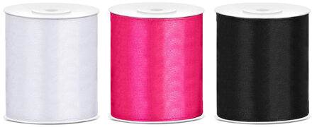 3x rollen hobby decoratie satijnlint zwart-wit-fuchsia roze 10 cm x 25 meter - Cadeaulinten Multikleur