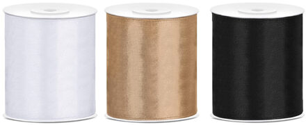 3x rollen hobby decoratie satijnlint zwart-wit-goud 10 cm x 25 meter
