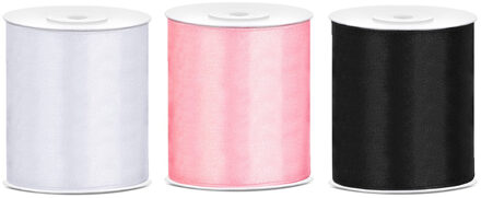 3x rollen hobby decoratie satijnlint zwart-wit-licht roze 10 cm x 25 meter