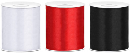 3x rollen hobby decoratie satijnlint zwart-wit-rood 10 cm x 25 meter - Cadeaulinten Multikleur