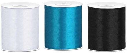3x rollen hobby decoratie satijnlint zwart-wit-turquoise blauw 10 cm x 25 meter - Cadeaulinten Multikleur