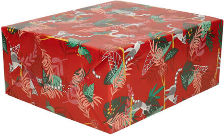 3x rollen inpakpapier/cadeaupapier rood met ringstaartmaki design print 200 x 70 cm - Cadeaupapier