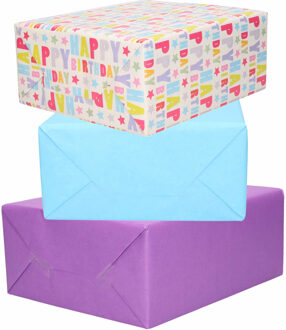 3x Rollen kraft inpakpapier lichtblauw/paars/happy birthday 200 x 70 cm - Cadeaupapier