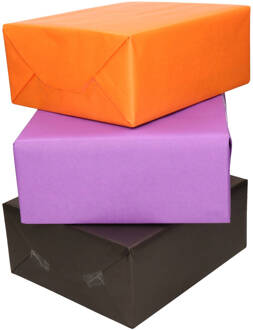 3x Rollen kraft inpakpapier oranje/zwart/paars 200 x 70 cm - Cadeaupapier