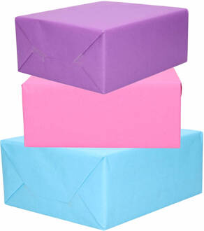 3x Rollen kraft inpakpapier paars/roze/lichtblauw 200 x 70 cm - Cadeaupapier