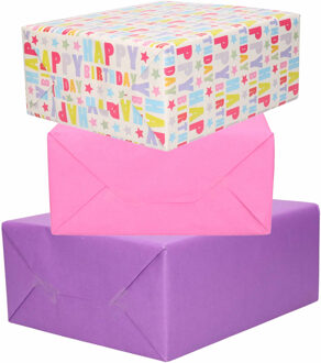 3x Rollen kraft inpakpapier roze/paars/happy birthday 200 x 70 cm - Cadeaupapier