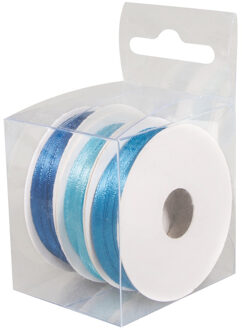 3x Rollen satijnlint kleurenmix blauw rol 10 cm x 6 meter cadeaulint verpakkingsmateriaal - Cadeaulinten