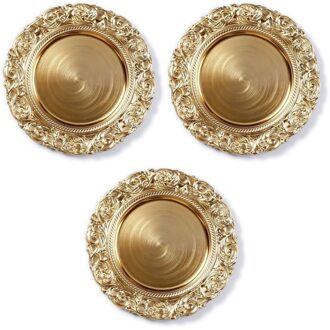 3x Ronde gouden kaarsenplateaus/kaarsenborden met decoratieve rand 33 cm - onderbord / kaarsenbord / onderzet bord voor kaarsen