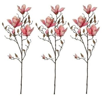 3x Roze Magnolia/beverboom kunsttak kunstplant 90 cm - Kunstplanten/kunsttakken - Kunstbloemen boeketten