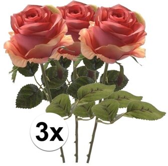 3x Roze Roos steelbloem 45 cm - Kunstbloemen