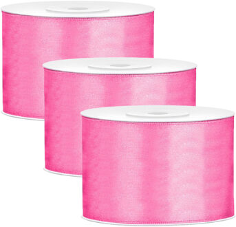 3x Roze satijnlint rollen 5 cm x 25 meter cadeaulint verpakkingsmateriaal - Cadeaulinten