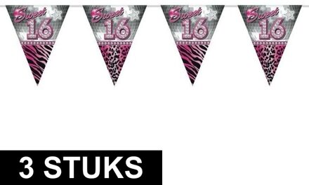 3x roze slingers vlaggenlijnen 16 jaar 10 meter - Vlaggenlijnen Multikleur