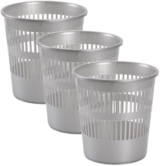 3x stuks afvalbakken/vuilnisbakken/kantoorprullenbakken plastic zilver/grijs 28 cm