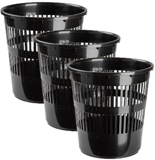 3x stuks afvalbakken/vuilnisbakken/kantoorprullenbakken plastic zwart 28 cm