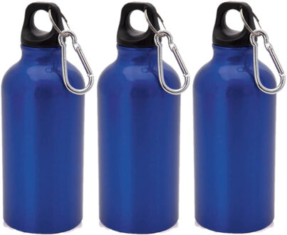 3x Stuks aluminium waterfles/drinkfles blauw met schroefdop en karabijnhaak 400 ml