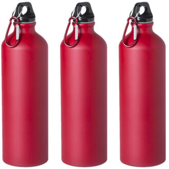 3x Stuks aluminium waterfles/drinkfles rood met schroefdop en karabijnhaak 800 ml